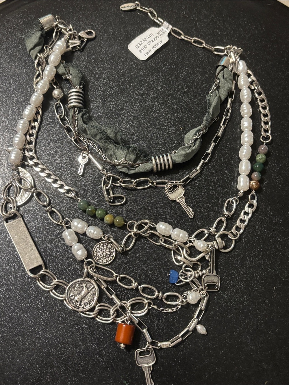 Free People Layered Faux Pearl, Green Fabric & Mixed Charm Necklace